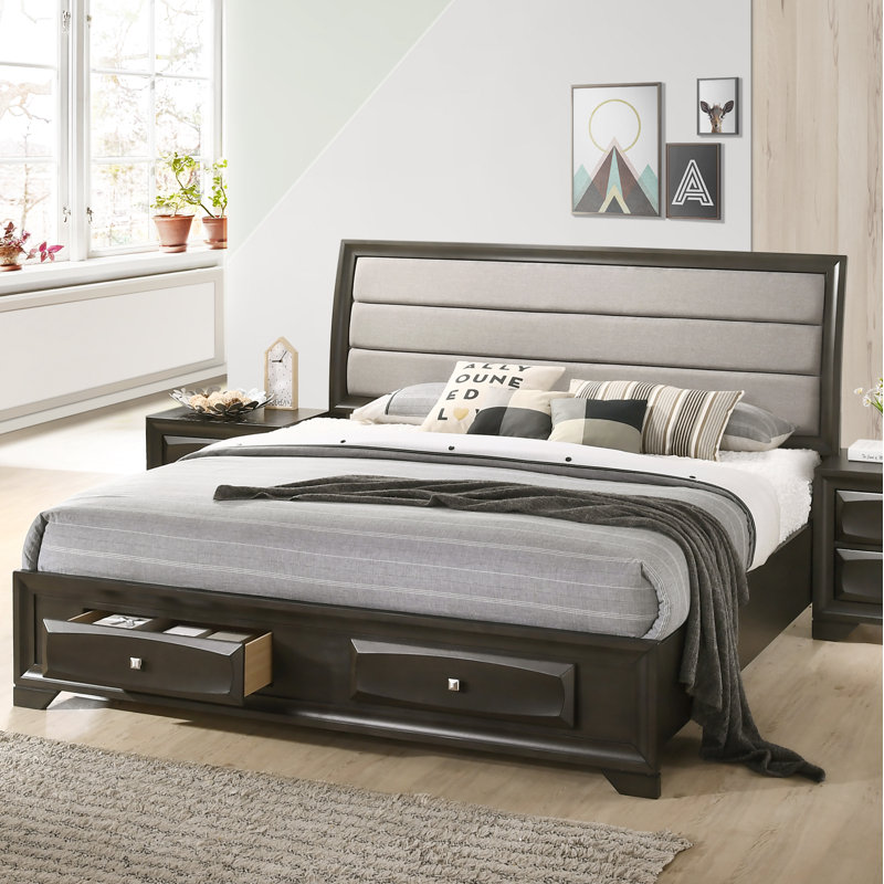 Winston Porter Asger Antique Grey Finish King Size Storage Platform Bed with Fabric Upholstery
